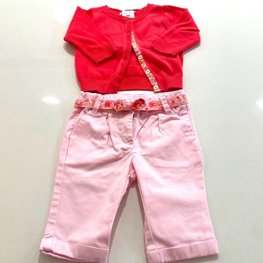 Jacadi cardigan and pants with livery print belt and lining size 6 months
